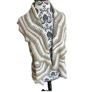 Pure Handknit Cotton Shawl T-Back Vest Open front Striped w/ Metallic knit S/M